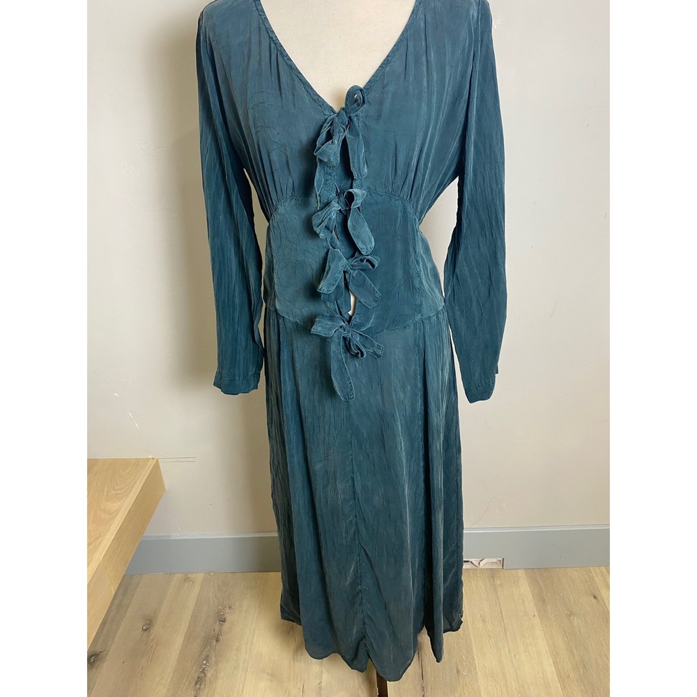Vintage 90s Teal Maxi Dress V-Neck Tie Front Long Sleeve Boho Goth Grunge  M/L